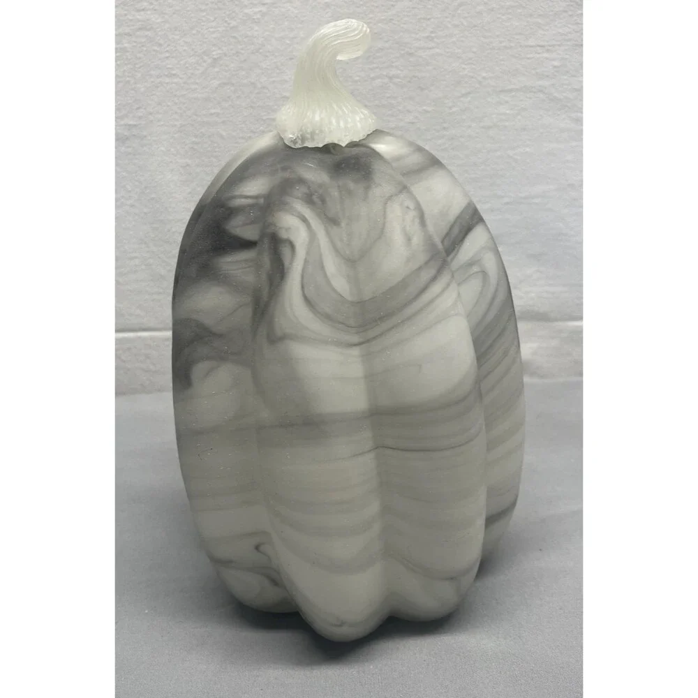 Hand Blown Glass Gray & White Large Gourd Pumpkin Fall Autumn Halloween Heavy